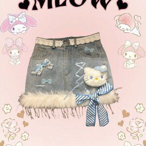 Mini denim skirt with faux fur trim and bows